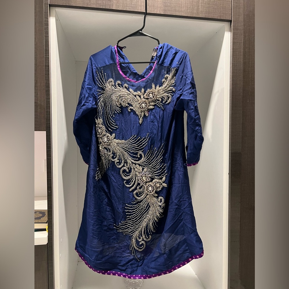 Blue Embroidered Pakistani/Indian Dress with Silver Detailing (shirt,pants,dup)